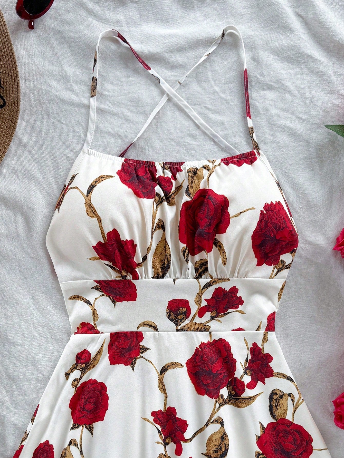 Soleia Women's Red Floral Print Spaghetti Strap Backless A-Line Mini Dress,Summer Boho Holiday Vacation,Fashionable Beach Cruise Date No Chest Padding