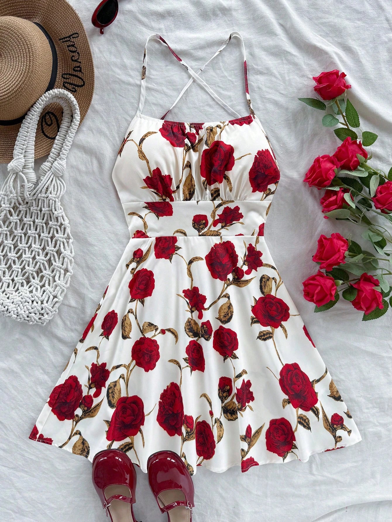 Soleia Women's Red Floral Print Spaghetti Strap Backless A-Line Mini Dress,Summer Boho Holiday Vacation,Fashionable Beach Cruise Date No Chest Padding