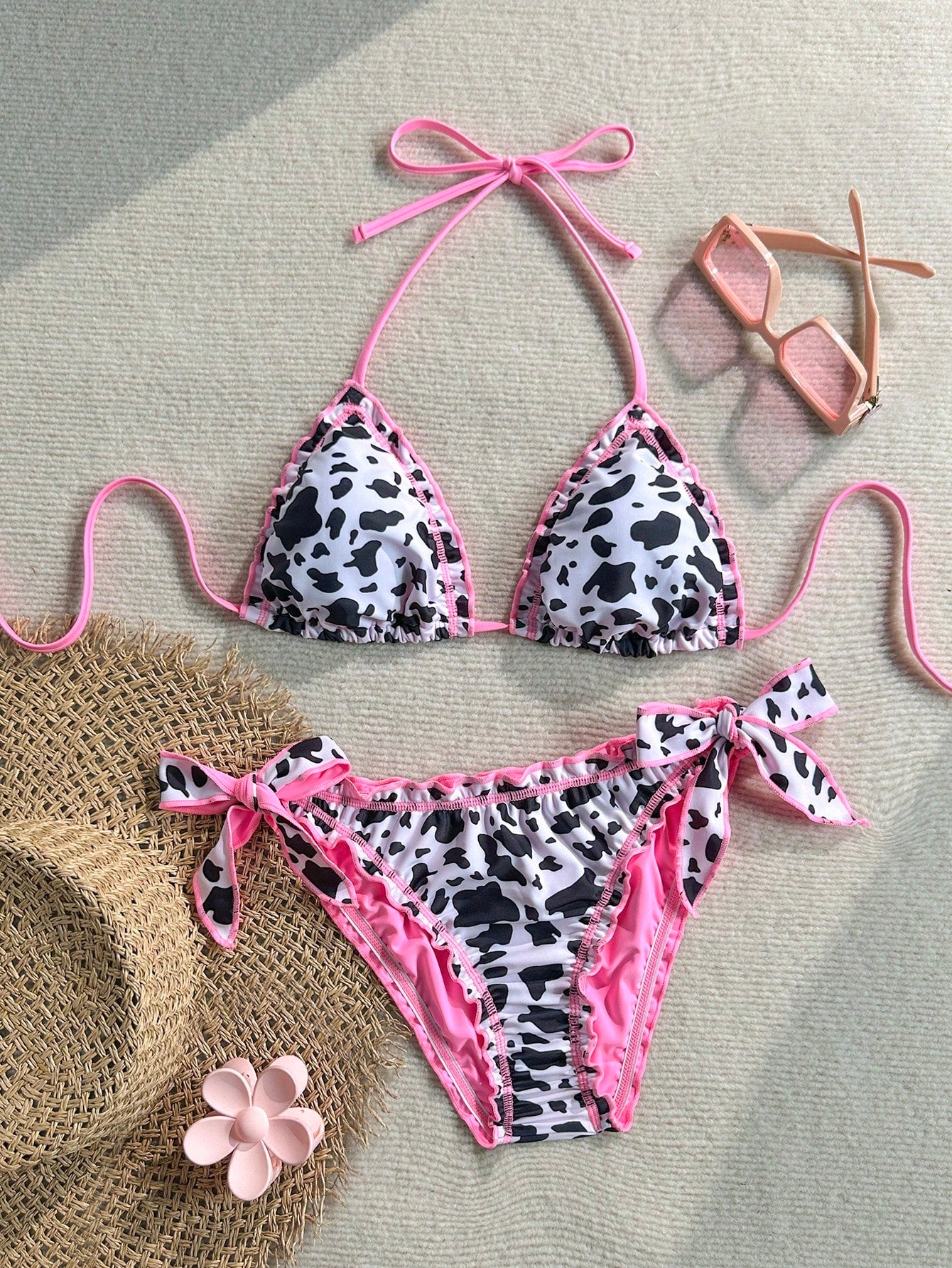 Soleia Women's Retro Colorful Leopard, Zebra, Floral Print Ruffled Tie-Front Tassel Decorated Bikini Set, Suitable For Beach Vacation