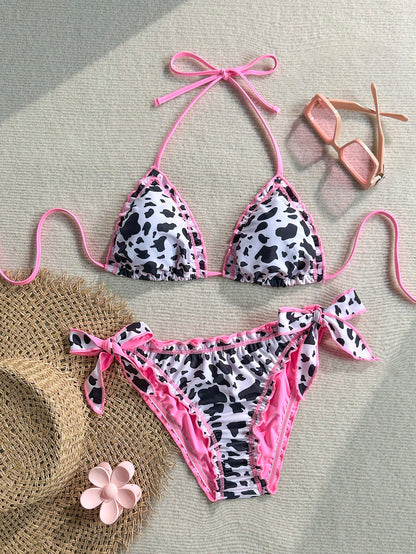 Soleia Women's Retro Colorful Leopard, Zebra, Floral Print Ruffled Tie-Front Tassel Decorated Bikini Set, Suitable For Beach Vacation
