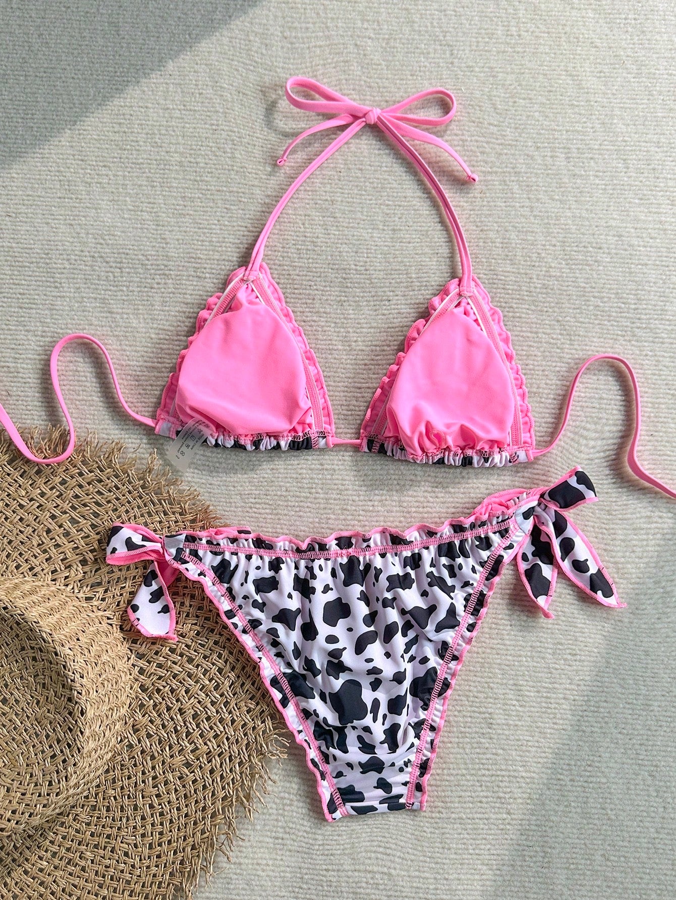 Soleia Women's Retro Colorful Leopard, Zebra, Floral Print Ruffled Tie-Front Tassel Decorated Bikini Set, Suitable For Beach Vacation