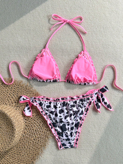 Soleia Women's Retro Colorful Leopard, Zebra, Floral Print Ruffled Tie-Front Tassel Decorated Bikini Set, Suitable For Beach Vacation