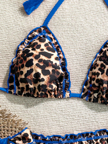 Soleia Women's Retro Colorful Leopard, Zebra, Floral Print Ruffled Tie-Front Tassel Decorated Bikini Set, Suitable For Beach Vacation Summer Bathing Suit