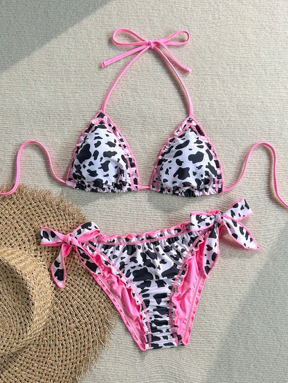 Soleia Women's Retro Colorful Leopard, Zebra, Floral Print Ruffled Tie-Front Tassel Decorated Bikini Set, Suitable For Beach Vacation
