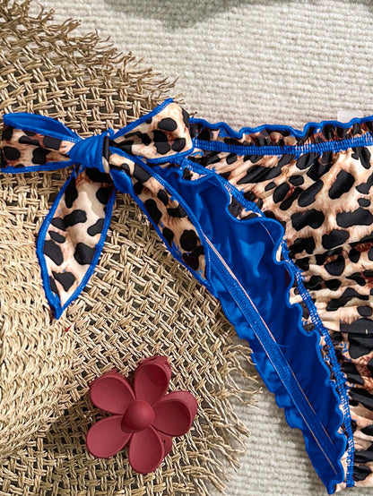 Soleia Women's Retro Colorful Leopard, Zebra, Floral Print Ruffled Tie-Front Tassel Decorated Bikini Set, Suitable For Beach Vacation Summer Bathing Suit