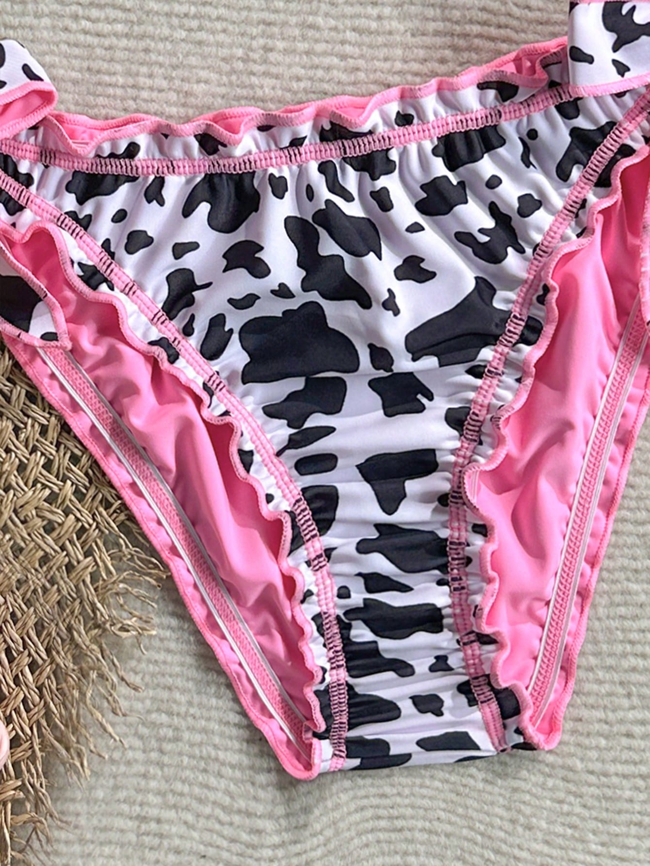 Soleia Women's Retro Colorful Leopard, Zebra, Floral Print Ruffled Tie-Front Tassel Decorated Bikini Set, Suitable For Beach Vacation
