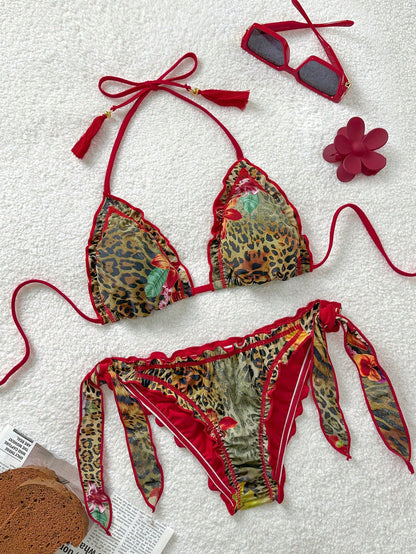 Soleia Women's Retro Colorful Leopard, Zebra, Floral Print Ruffled Tie-Front Tassel Decorated Bikini Set, Suitable For Beach Vacation