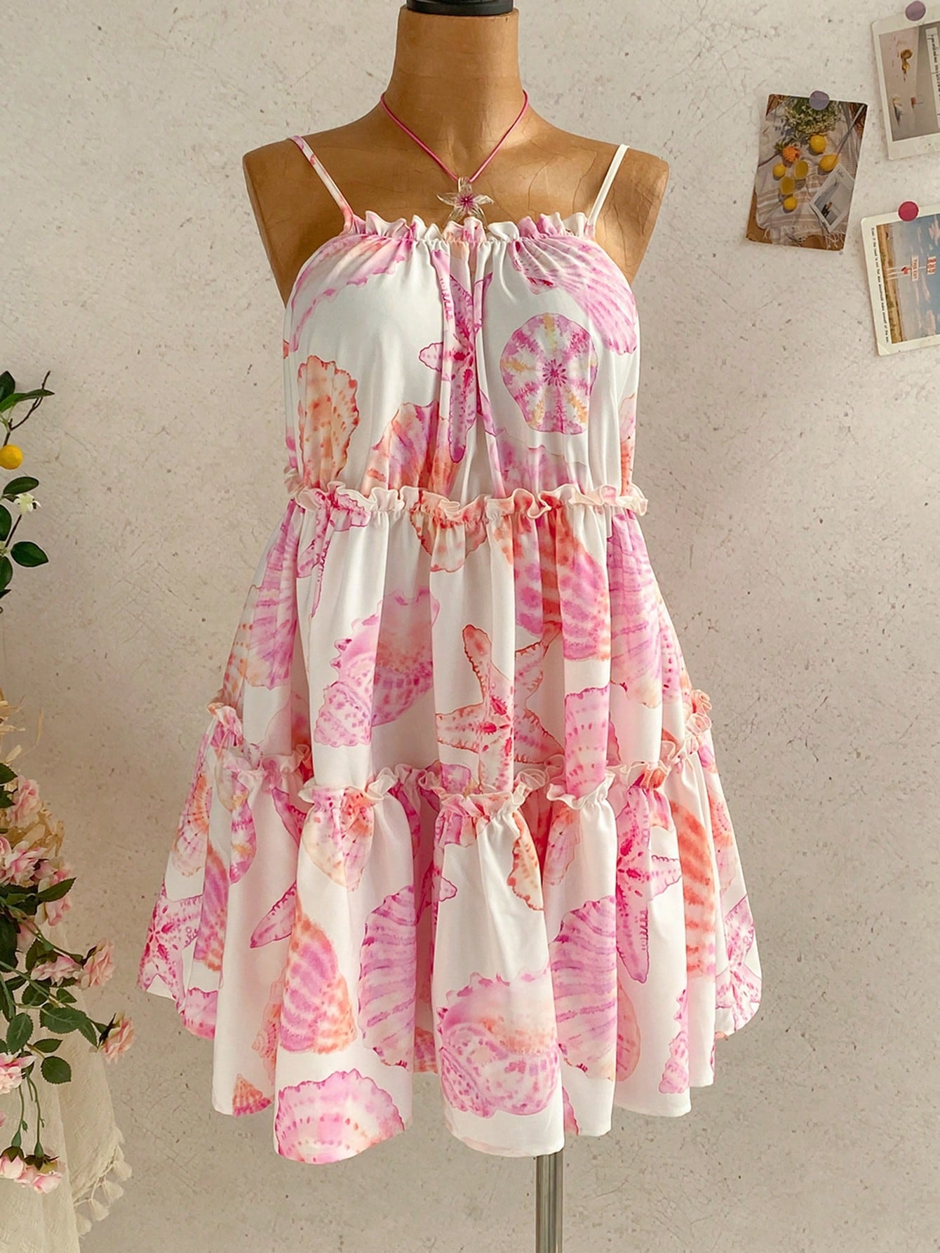 Soleia Women's Summer Beach Vacation Starfish Shell Print Frill Tiered Hem Cami Dress Boho Cute Tropical Sundress Sun Cottagecore White And Pink