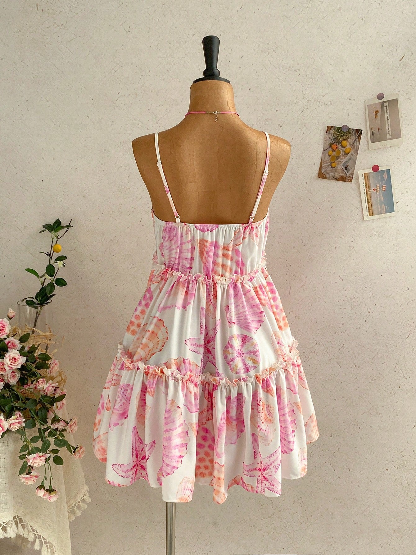 Soleia Women's Summer Beach Vacation Starfish Shell Print Frill Tiered Hem Cami Dress Boho Cute Tropical Sundress Sun Cottagecore White And Pink