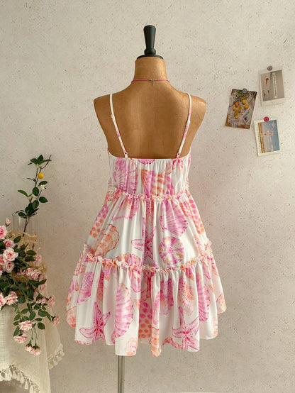 Soleia Women's Summer Beach Vacation Starfish Shell Print Frill Tiered Hem Cami Dress Boho Cute Tropical Sundress Sun Cottagecore White And Pink