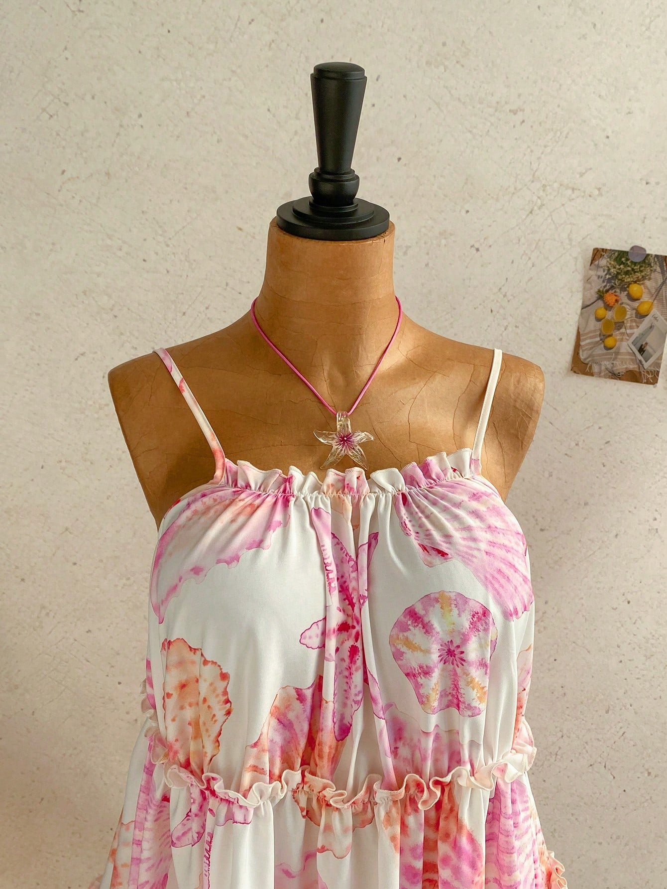 Soleia Women's Summer Beach Vacation Starfish Shell Print Frill Tiered Hem Cami Dress Boho Cute Tropical Sundress Sun Cottagecore White And Pink