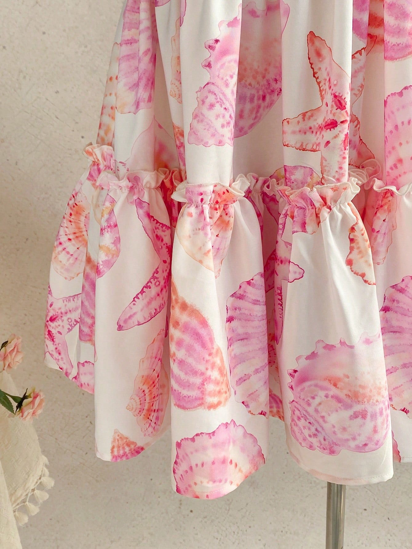 Soleia Women's Summer Beach Vacation Starfish Shell Print Frill Tiered Hem Cami Dress Boho Cute Tropical Sundress Sun Cottagecore White And Pink