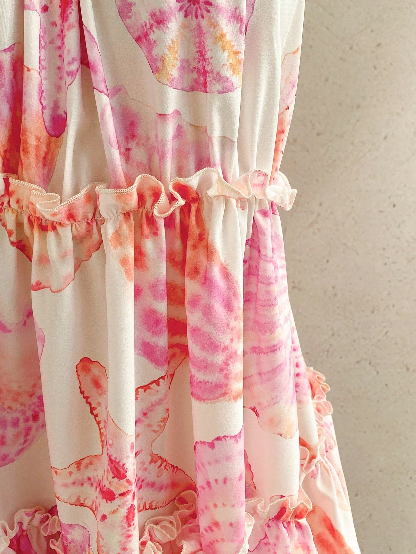 Soleia Women's Summer Beach Vacation Starfish Shell Print Frill Tiered Hem Cami Dress Boho Cute Tropical Sundress Sun Cottagecore White And Pink