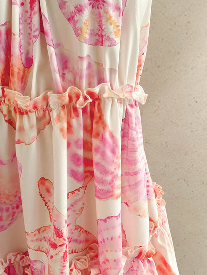 Soleia Women's Summer Beach Vacation Starfish Shell Print Frill Tiered Hem Cami Dress Boho Cute Tropical Sundress Sun Cottagecore White And Pink