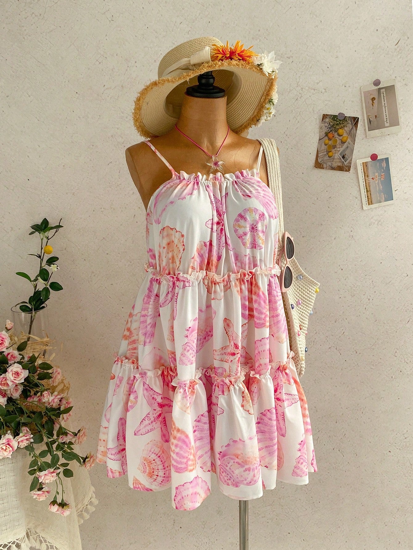 Soleia Women's Summer Beach Vacation Starfish Shell Print Frill Tiered Hem Cami Dress Boho Cute Tropical Sundress Sun Cottagecore White And Pink