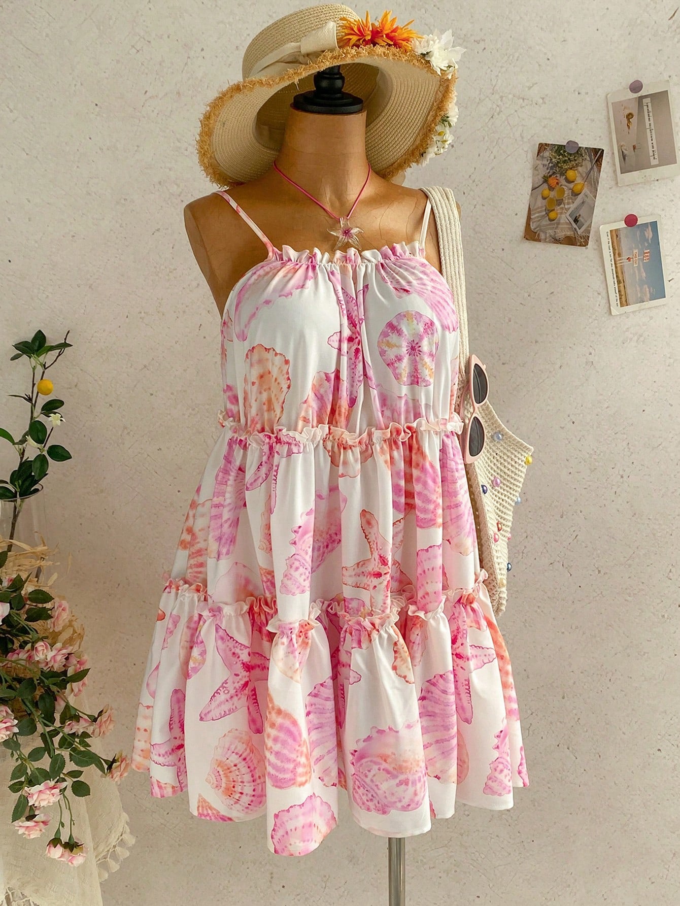 Soleia Women's Summer Beach Vacation Starfish Shell Print Frill Tiered Hem Cami Dress Boho Cute Tropical Sundress Sun Cottagecore White And Pink