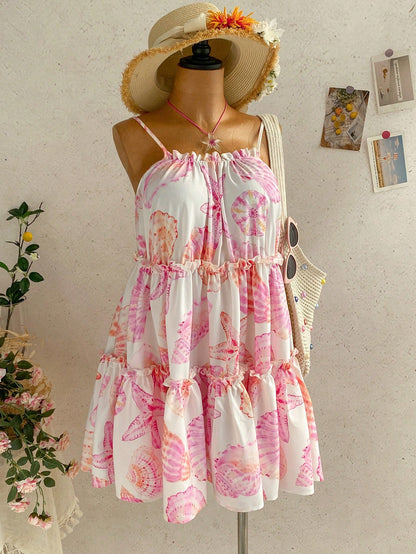 Soleia Women's Summer Beach Vacation Starfish Shell Print Frill Tiered Hem Cami Dress Boho Cute Tropical Sundress Sun Cottagecore White And Pink