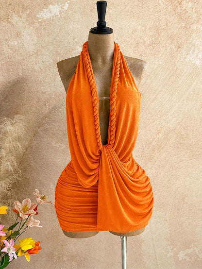 Soleia Women's Vacation Solid Color Deep V Neck Ruched Sexy Halter Dress,Party Dresses For Women