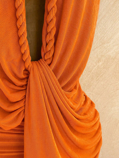 Soleia Women's Vacation Solid Color Deep V Neck Ruched Sexy Halter Dress,Party Dresses For Women
