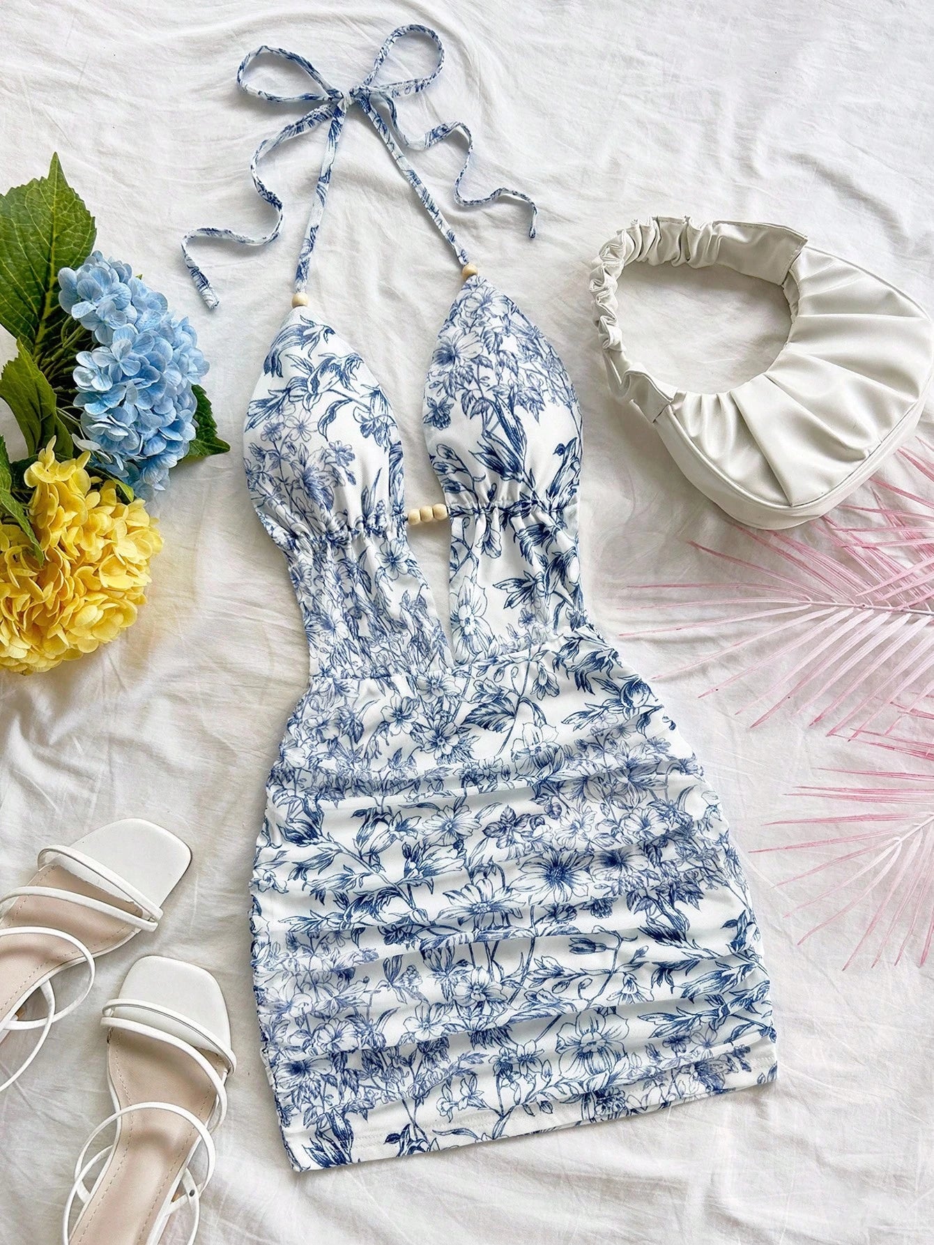 Soleia Women's White And Blue Floral Summer Boho Holiday Vacation Holiday Deep V Neck Tie Strap Backless Ruched Bodycon Mini Dress No Chest Padding