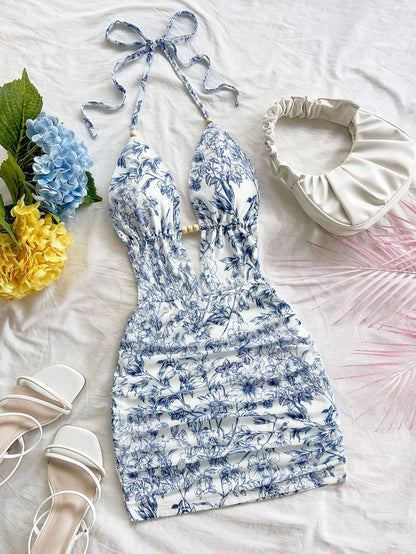 Soleia Women's White And Blue Floral Summer Boho Holiday Vacation Holiday Deep V Neck Tie Strap Backless Ruched Bodycon Mini Dress No Chest Padding