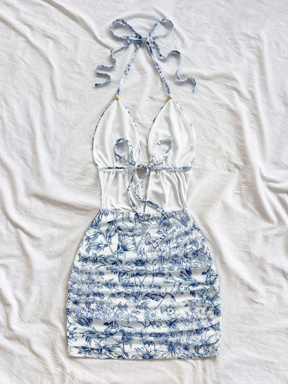 Soleia Women's White And Blue Floral Summer Boho Holiday Vacation Holiday Deep V Neck Tie Strap Backless Ruched Bodycon Mini Dress No Chest Padding