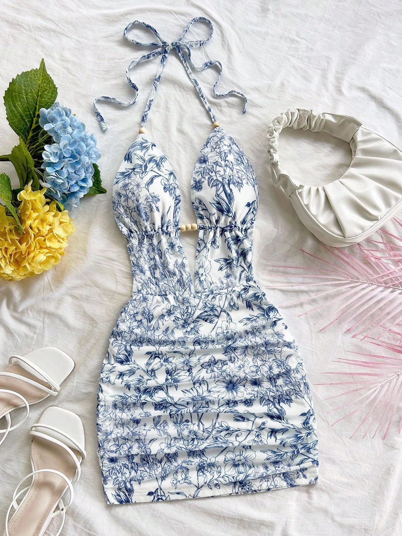 Soleia Women's White And Blue Floral Summer Boho Holiday Vacation Holiday Deep V Neck Tie Strap Backless Ruched Bodycon Mini Dress No Chest Padding