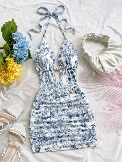 Soleia Women's White And Blue Floral Summer Boho Holiday Vacation Holiday Deep V Neck Tie Strap Backless Ruched Bodycon Mini Dress No Chest Padding