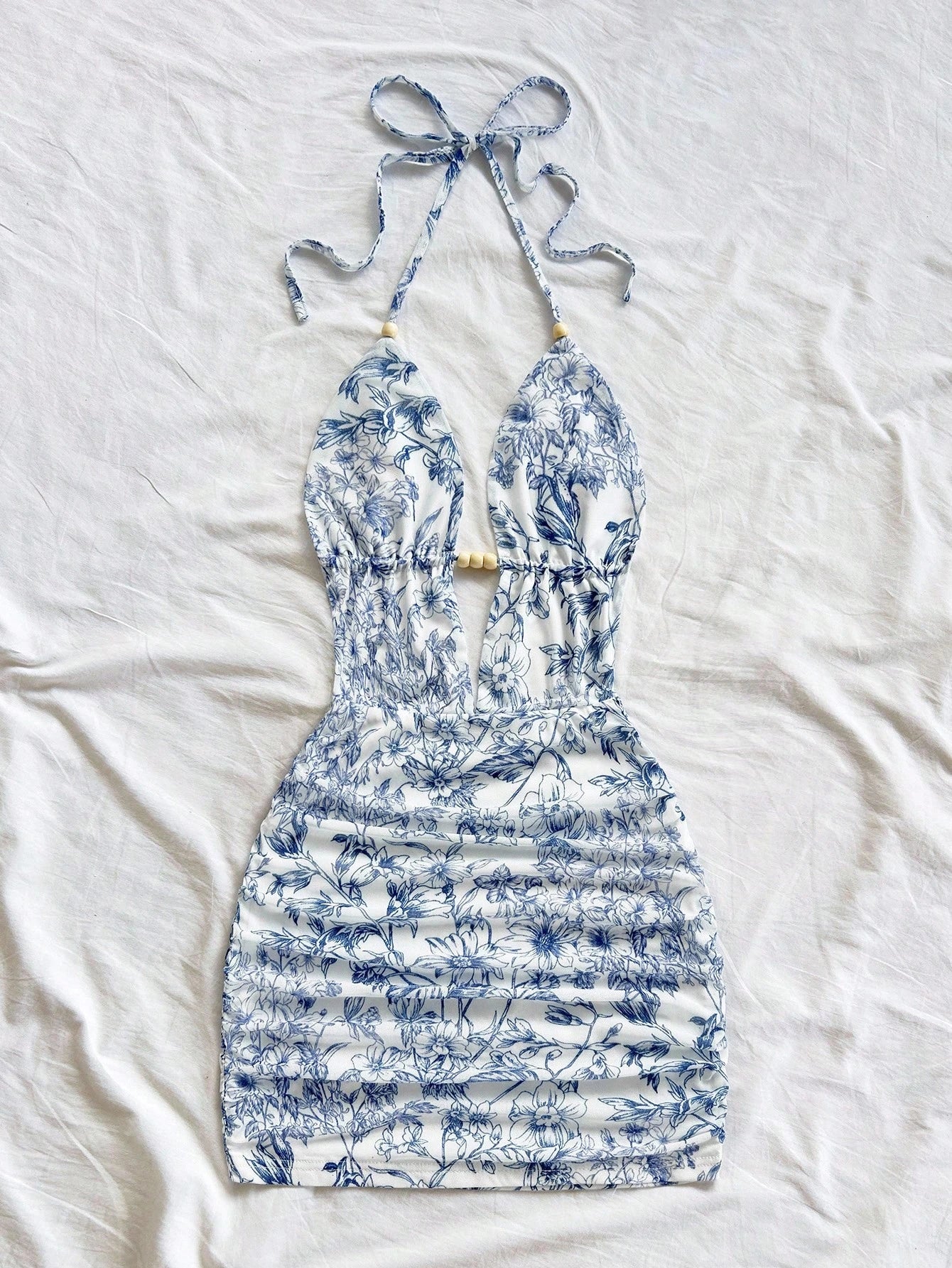 Soleia Women's White And Blue Floral Summer Boho Holiday Vacation Holiday Deep V Neck Tie Strap Backless Ruched Bodycon Mini Dress No Chest Padding
