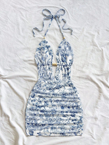 Soleia Women's White And Blue Floral Summer Boho Holiday Vacation Holiday Deep V Neck Tie Strap Backless Ruched Bodycon Mini Dress No Chest Padding