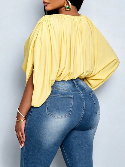 SOLERSUN Plus Size Women's Elegant Versatile Daily Minimalist Ruched Top, Suitable For All Seasons, Casual Commute, Streetwear, Vacation Travel, Beach Holiday Style, First Choice For Daily Wear