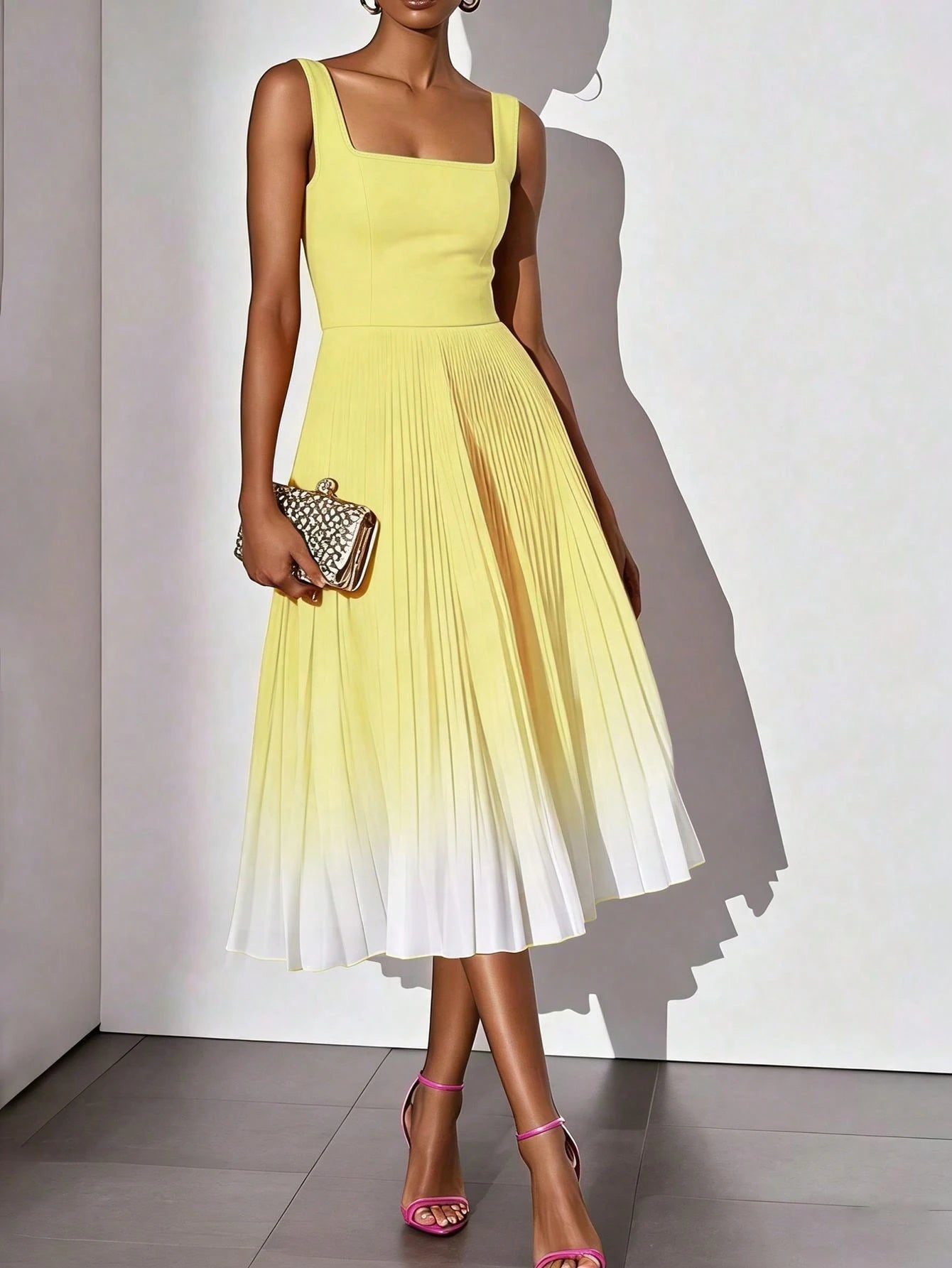 Solid Color Casual Elegant Sleeveless Zipper Ombre Pleated Dress, Cocktail Dress Summer Yellow