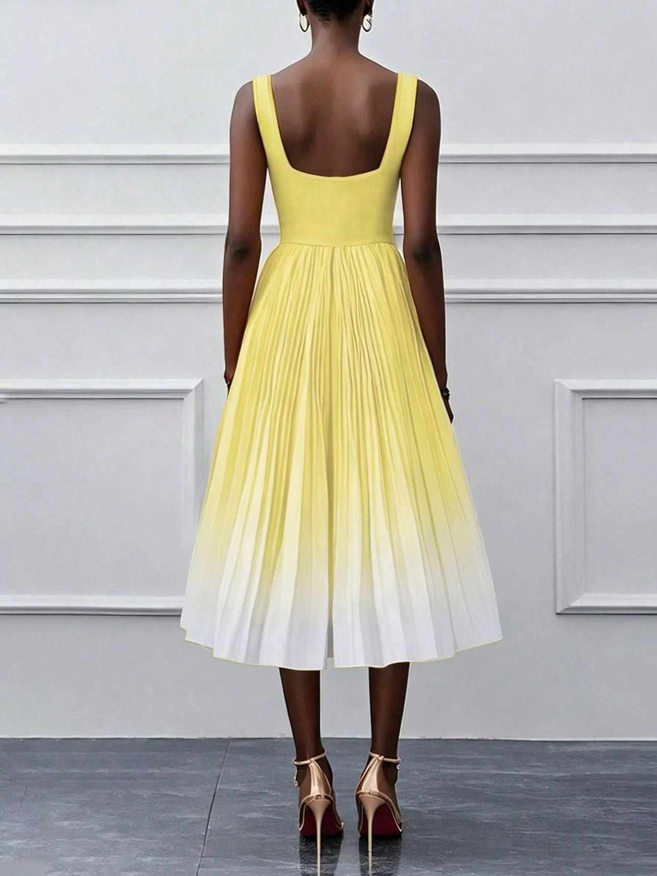 Solid Color Casual Elegant Sleeveless Zipper Ombre Pleated Dress, Cocktail Dress Summer Yellow