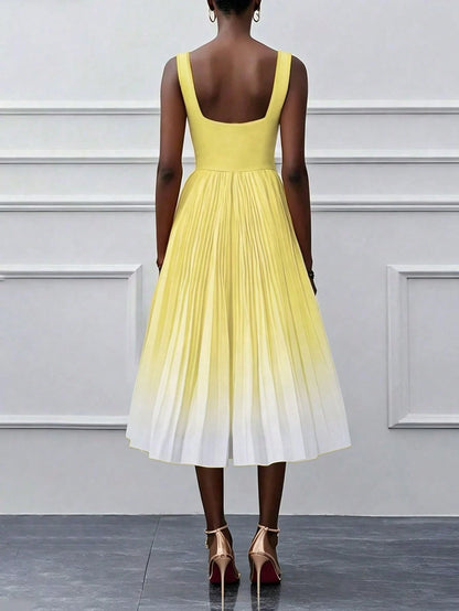 Solid Color Casual Elegant Sleeveless Zipper Ombre Pleated Dress, Cocktail Dress Summer Yellow
