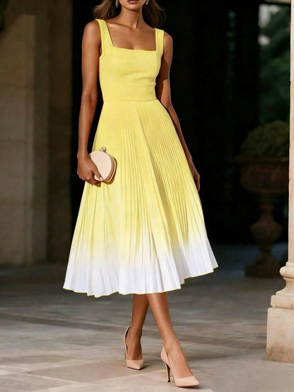 Solid Color Casual Elegant Sleeveless Zipper Ombre Pleated Dress, Cocktail Dress Summer Yellow
