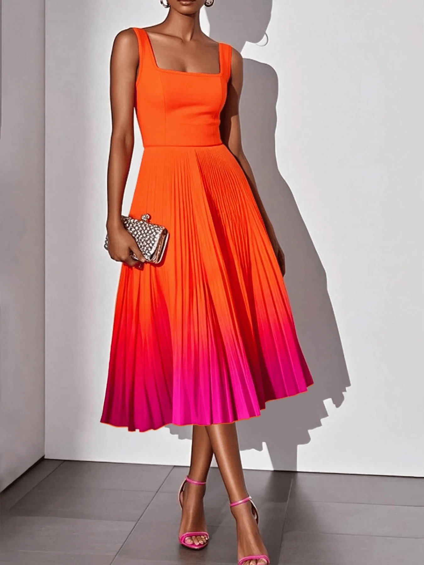 Solid Color Casual Elegant Sleeveless Zipper Ombre Pleated Dress, Cocktail Dress Summer Yellow