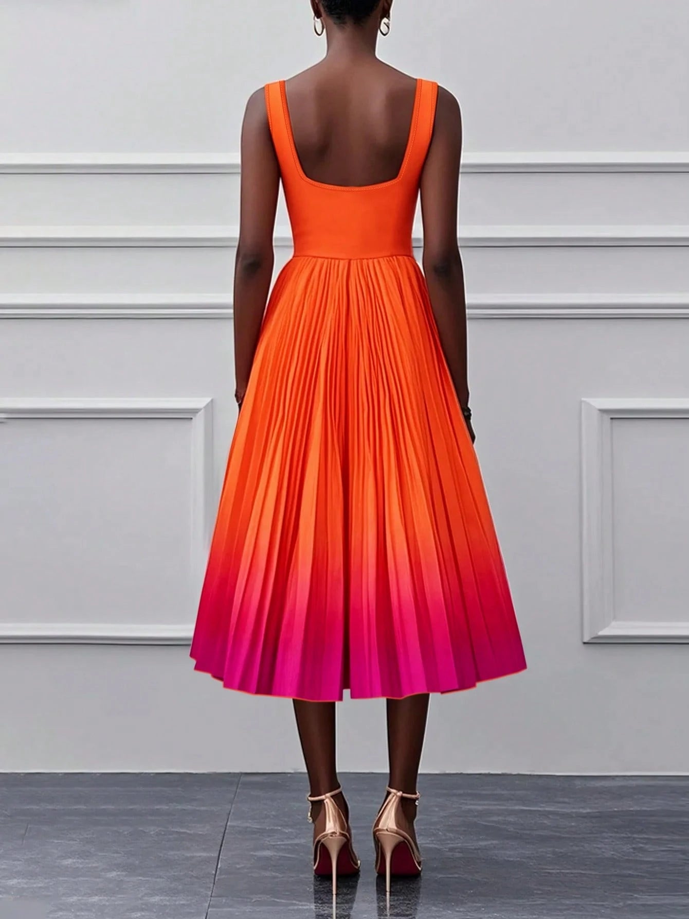Solid Color Casual Elegant Sleeveless Zipper Ombre Pleated Dress, Cocktail Dress Summer Yellow