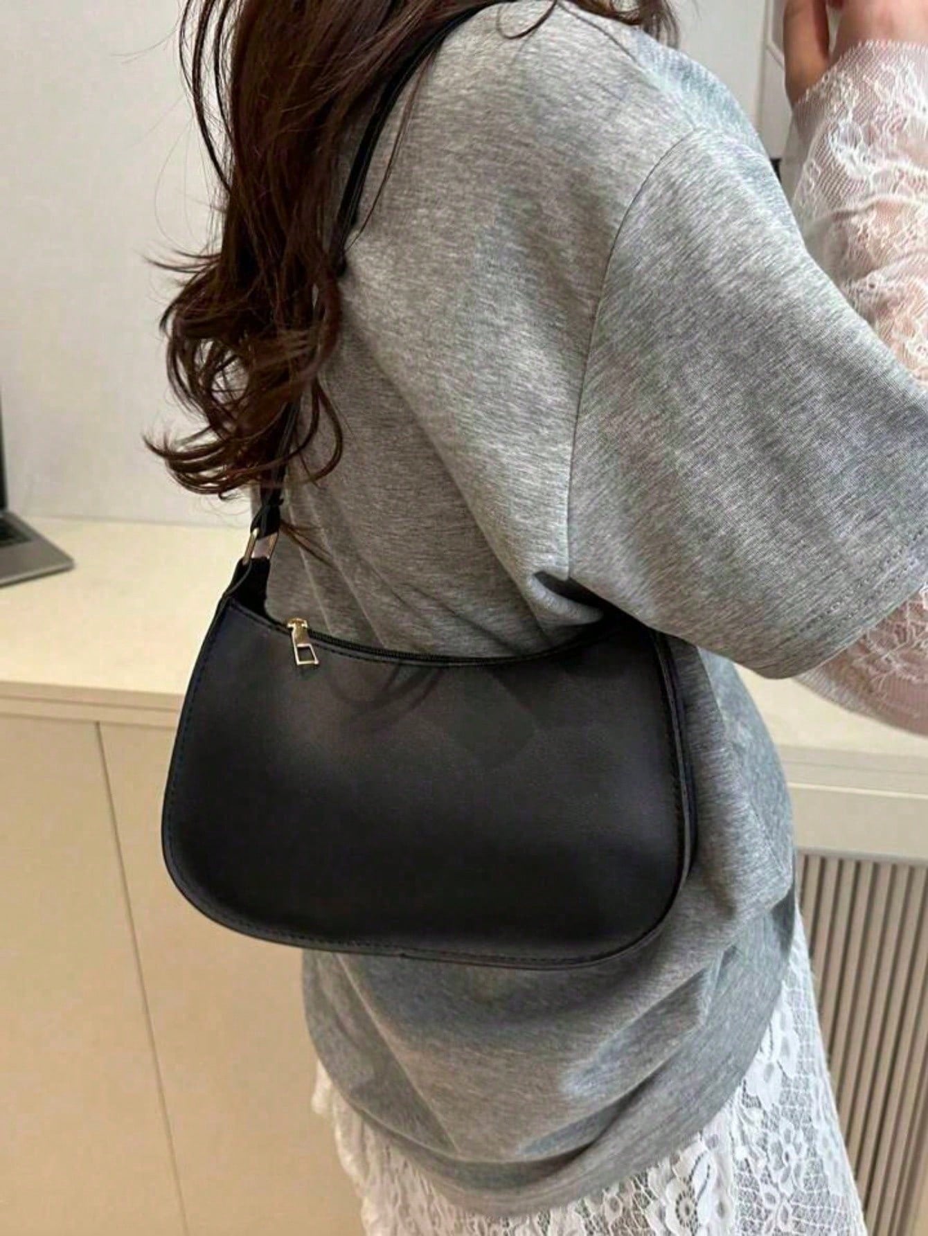 Solid Color Minimalist Zipper Shoulder Bag, Fashion Simple Half Moon Bag, Zipper Crossbody Bag, Faux Leather Solid Color Handbag
