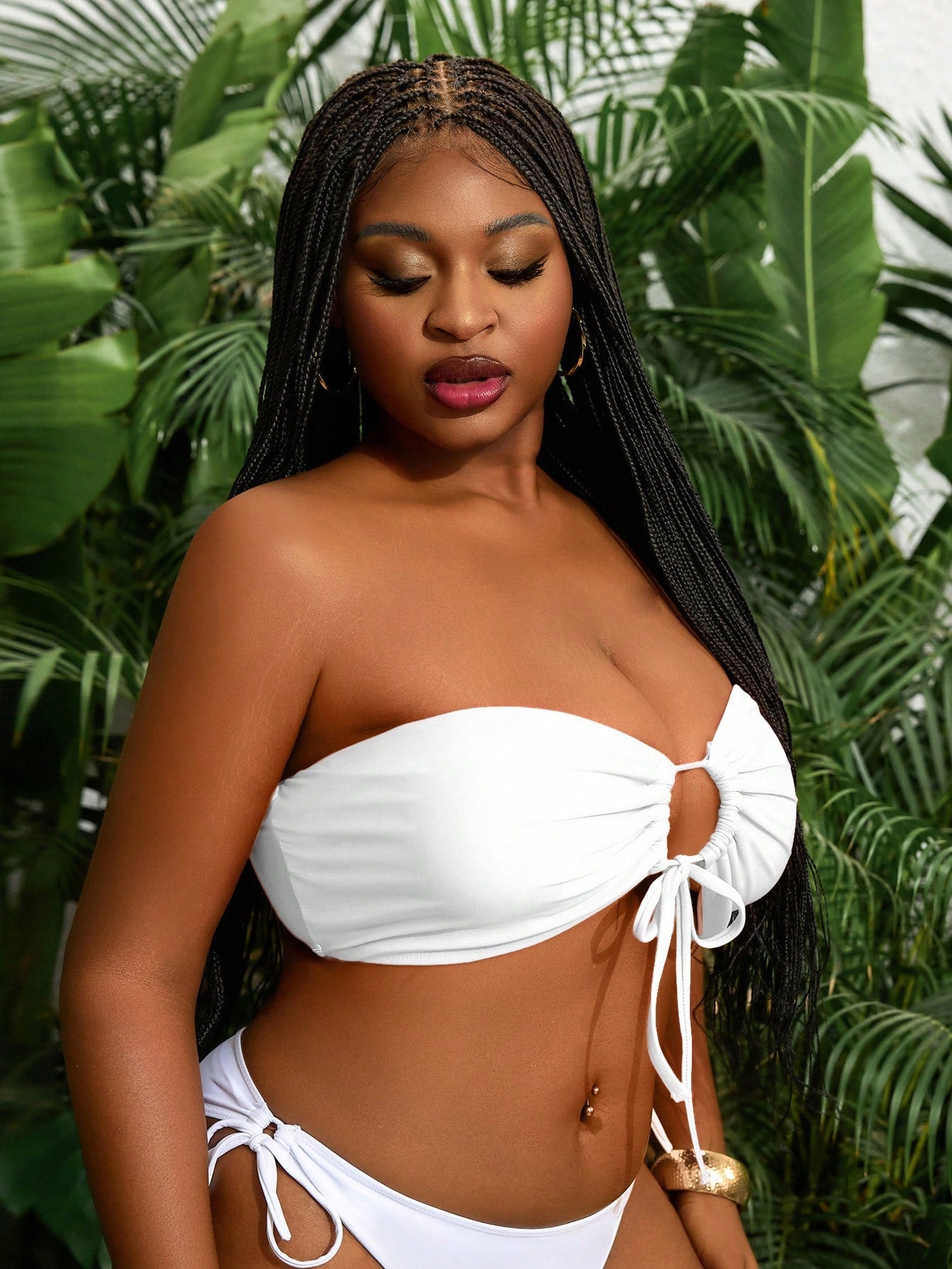 Solid Color Plus Size Women Sexy Strappy Front Bandeau Bikini Top For Summer Beach Vacation