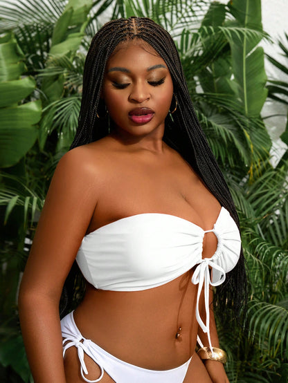 Solid Color Plus Size Women Sexy Strappy Front Bandeau Bikini Top For Summer Beach Vacation