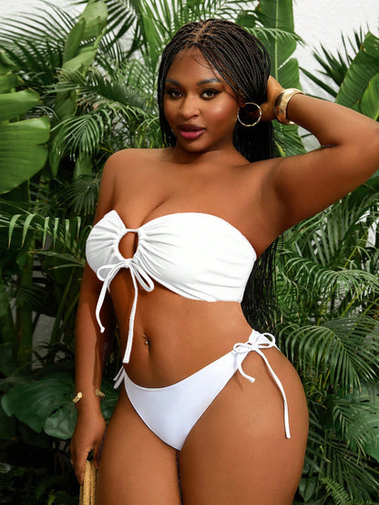 Solid Color Plus Size Women Sexy Strappy Front Bandeau Bikini Top For Summer Beach Vacation