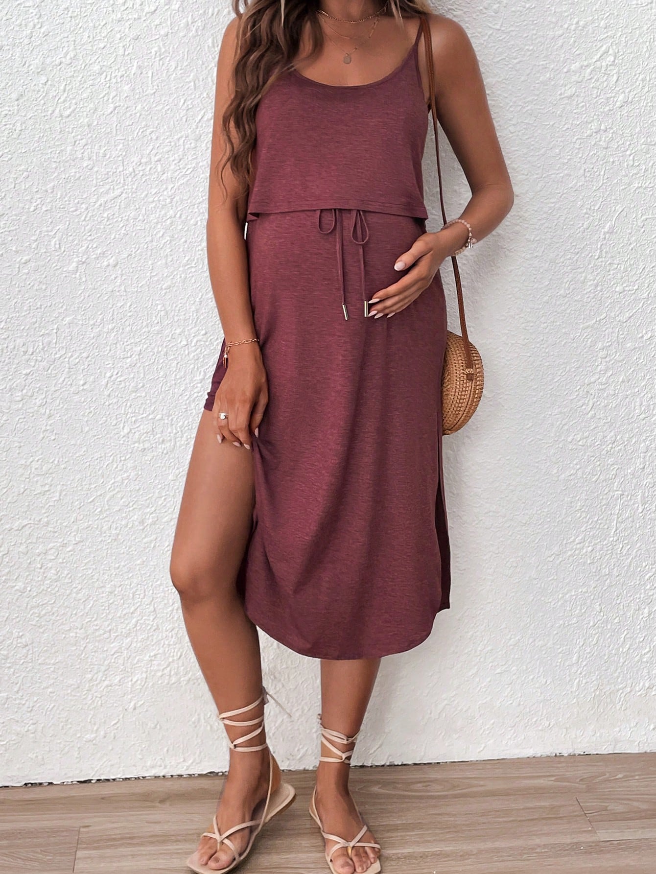 Solid Color Square Neck Sleeveless Nursing Dress For Maternity