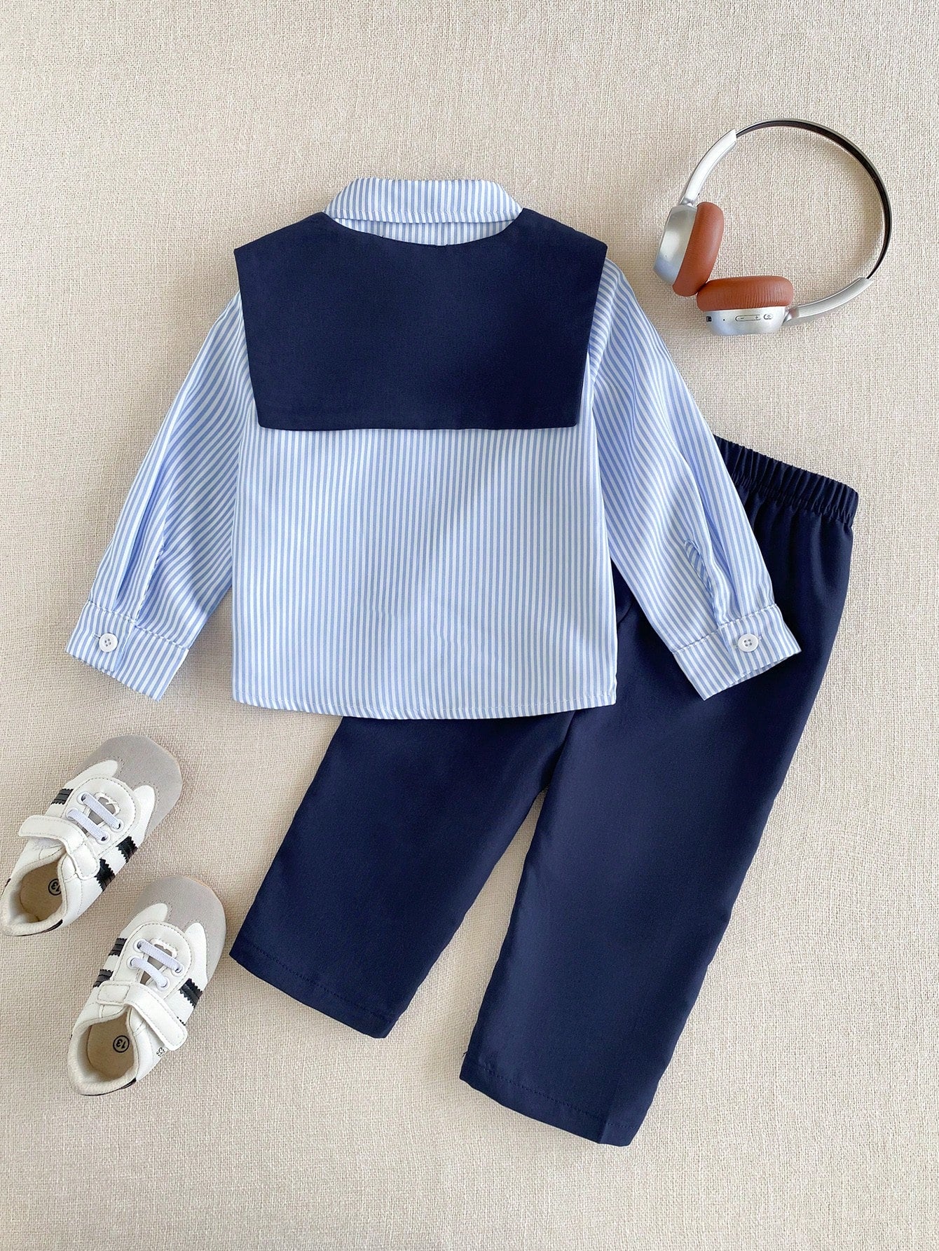 Souflis Souflis 3pcs/Set Baby Boys Blue & White Striped Shirt And Elastic Waist Pants Outfit, Autumn Casual, Parent-Child Matching, With Shawl, Korean Vintage Preppy Style Clothes, 6M-3Y