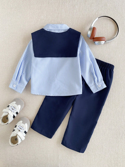 Souflis Souflis 3pcs/Set Baby Boys Blue & White Striped Shirt And Elastic Waist Pants Outfit, Autumn Casual, Parent-Child Matching, With Shawl, Korean Vintage Preppy Style Clothes, 6M-3Y