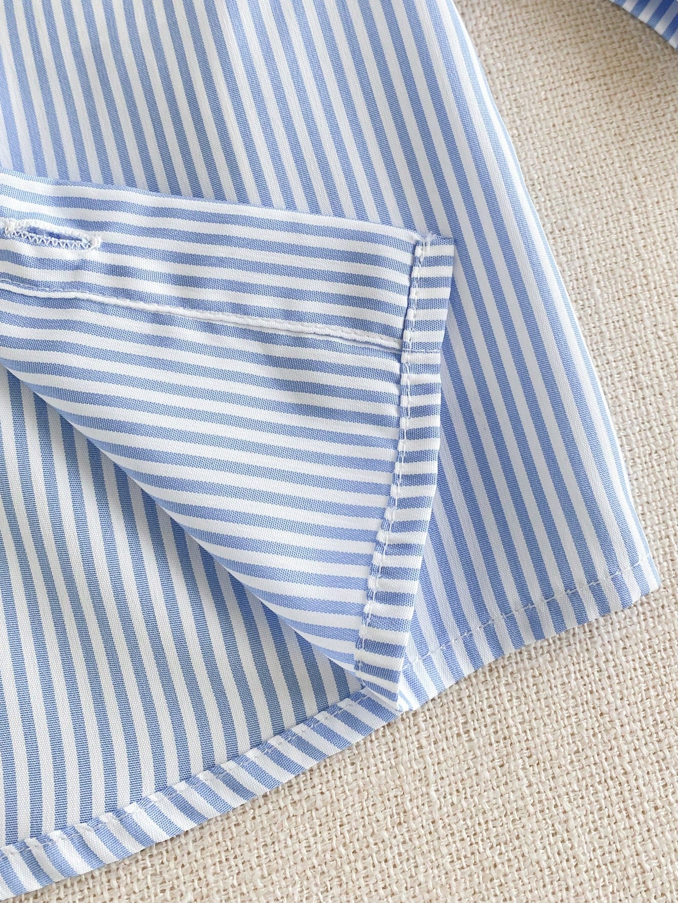 Souflis Souflis 3pcs/Set Baby Boys Blue & White Striped Shirt And Elastic Waist Pants Outfit, Autumn Casual, Parent-Child Matching, With Shawl, Korean Vintage Preppy Style Clothes, 6M-3Y