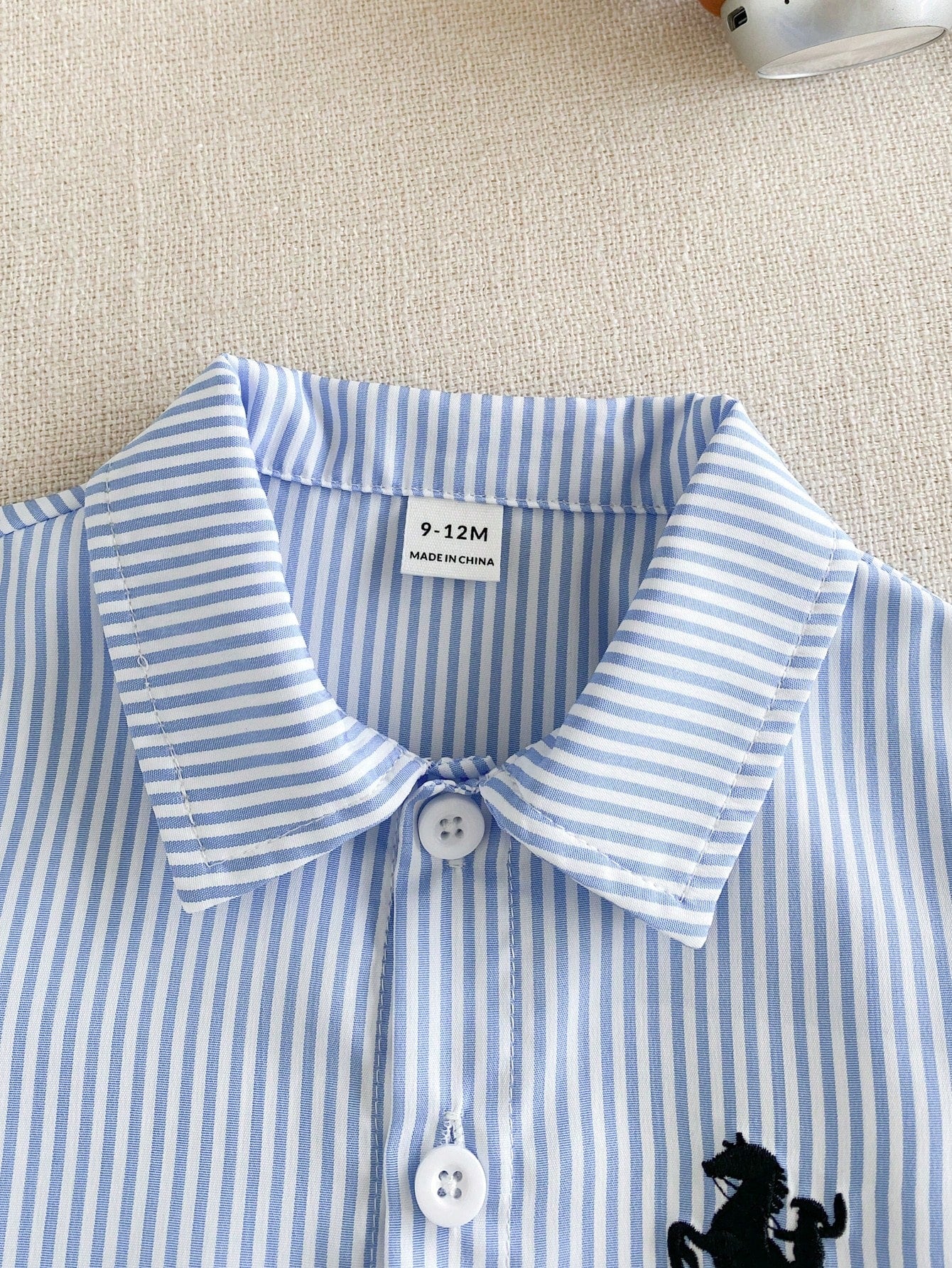 Souflis Souflis 3pcs/Set Baby Boys Blue & White Striped Shirt And Elastic Waist Pants Outfit, Autumn Casual, Parent-Child Matching, With Shawl, Korean Vintage Preppy Style Clothes, 6M-3Y