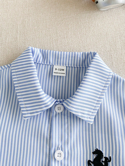 Souflis Souflis 3pcs/Set Baby Boys Blue & White Striped Shirt And Elastic Waist Pants Outfit, Autumn Casual, Parent-Child Matching, With Shawl, Korean Vintage Preppy Style Clothes, 6M-3Y