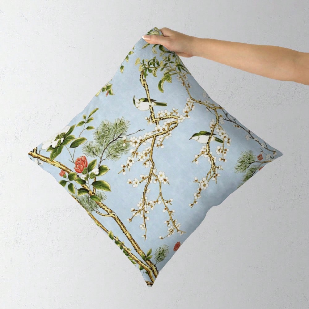 Spa Blue Pillow Cover, Designer Pillows Cover, Chinoiserie Pillows Cover. Soft Blue Chinoiserie Bird And Blossom Decorative Throw Pillow Cover Floral Branch Landscape Pattern Square Cushion Cover For