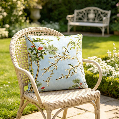 Spa Blue Pillow Cover, Designer Pillows Cover, Chinoiserie Pillows Cover. Soft Blue Chinoiserie Bird And Blossom Decorative Throw Pillow Cover Floral Branch Landscape Pattern Square Cushion Cover For