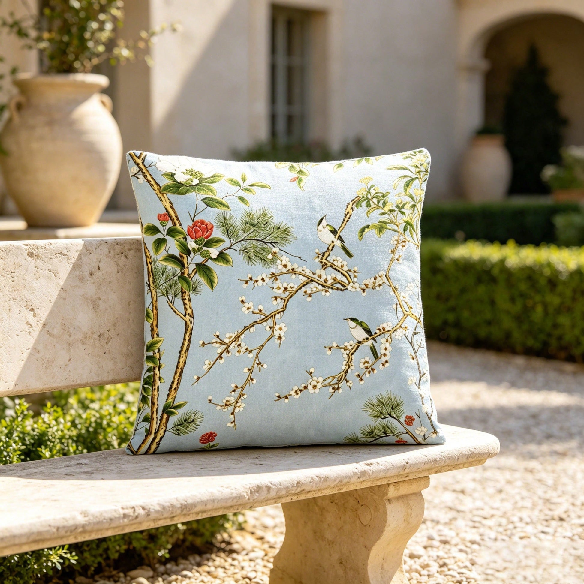 Spa Blue Pillow Cover, Designer Pillows Cover, Chinoiserie Pillows Cover. Soft Blue Chinoiserie Bird And Blossom Decorative Throw Pillow Cover Floral Branch Landscape Pattern Square Cushion Cover For